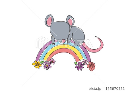 Single line drawing of sweet rat lying down comfortably on top of vibrant rainbow arc decorated with blooming meadow flower. Nature concept for cute pet, perfect for kids room decor and World Rat Day 135670331