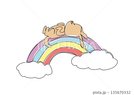 Continuous line drawing of lovable domestic puppy dog sprawling on its back in a supine pose while resting atop a whimsical rainbow. nature concept domestic animal, perfect for pet shop and vet logo 135670332