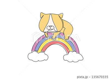 One line draw of charming little hamster resting comfortably on rainbow arc grounded by fluffy soft clouds. Nature concept for cute pet, perfect for nursery wall art and World Hamster Day celebration 135670335
