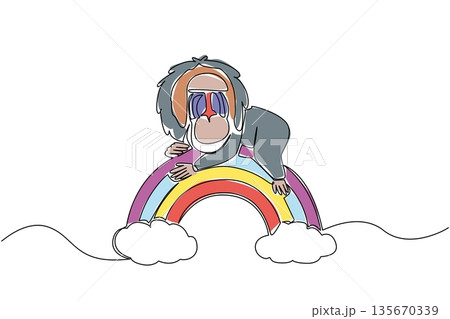 Single line drawing of distinctive mandrill primate with characteristic facial features, lounging across a rainbow arc rests on soft, minimalist clouds. Nature concept for cute rainforest wild animal Single line drawing of distinctive mandrill primate with characteristic facial features, lounging across a rainbow arc rests on soft, minimalist clouds. Nature concept for cute rainforest wild animal 135670339