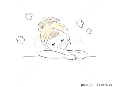 リラックスした表情でお風呂に入っている若い女性の上半身イラスト リラックスした表情でお風呂に入っている若い女性の上半身イラスト 135670341