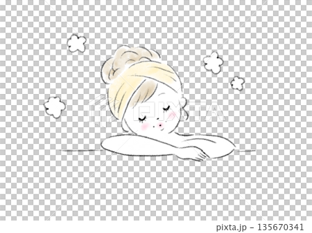 年輕女子沐浴的上半身插圖,表情放鬆。 年輕女子沐浴的上半身插圖,表情放鬆。 135670341