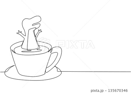 Single line drawing of cute roaring dinosaur t rex features extinct animal soaking in coffee cup for prehistoric concept. Minimalist design represents international museum day theme for kids event Single line drawing of cute roaring dinosaur t rex features extinct animal soaking in coffee cup for prehistoric concept. Minimalist design represents international museum day theme for kids event 135670346