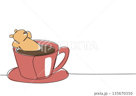 One line drawing of colorful playful beaver depicts cute river animal soaking in coffee cup for nature concept. Brown creature design celebrates international beaver day in whimsical art style One line drawing of colorful playful beaver depicts cute river animal soaking in coffee cup for nature concept. Brown creature design celebrates international beaver day in whimsical art style 135670350