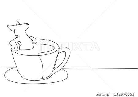 One line drawing of playful hyena shows cute animal soaking in coffee cup for nature concept. Unique design features the savanna creature for an international cafe day theme in minimalist One line drawing of playful hyena shows cute animal soaking in coffee cup for nature concept. Unique design features the savanna creature for an international cafe day theme in minimalist 135670353