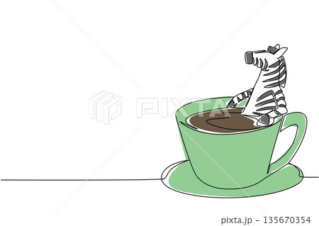 Single line drawing of adorable zebra for nature concept features cute savannah animal soaking in coffee cup. Colorful graphic celebrates an international cafe day theme with striped safari animal Single line drawing of adorable zebra for nature concept features cute savannah animal soaking in coffee cup. Colorful graphic celebrates an international cafe day theme with striped safari animal 135670354