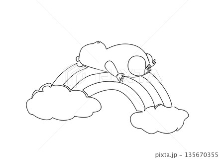 Continuous line drawing of cute chubby hamster in serene supine slumber, resting on rainbow with fluffy clouds. Ideal for small scale prints, cute nursery art for kids room decor and pet lover themes 135670355