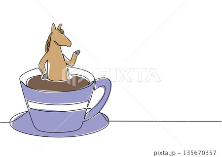 Continuous line drawing of brown horse for nature concept features cute animal soaking in coffee cup. Colorful art represents an international equestrian day theme with playful pony and nursery print Continuous line drawing of brown horse for nature concept features cute animal soaking in coffee cup. Colorful art represents an international equestrian day theme with playful pony and nursery print 135670357