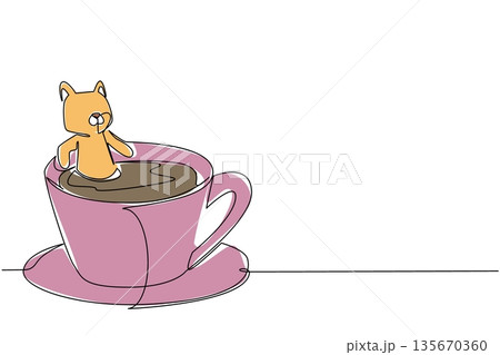 One line drawing of Adorable calico cat features pet animal soaking in a coffee cup for nature concept. Colorful art is ideal for an international kitten day theme and playful home cafe decor 135670360