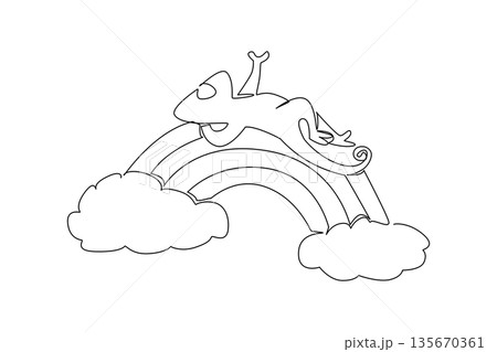 Continuous line drawing cute adorable chameleon in blissful supine sleep, playfully cradled by minimalist rainbow arc. Great for nursery decor and cheerful celebration vibes Continuous line drawing cute adorable chameleon in blissful supine sleep, playfully cradled by minimalist rainbow arc. Great for nursery decor and cheerful celebration vibes 135670361