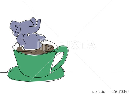 One line drawing of colorful elephant depicts a giant cute animal soaking in coffee cup for nature concept. Grey elephant design celebrates an international zoo day theme in a whimsical style One line drawing of colorful elephant depicts a giant cute animal soaking in coffee cup for nature concept. Grey elephant design celebrates an international zoo day theme in a whimsical style 135670365