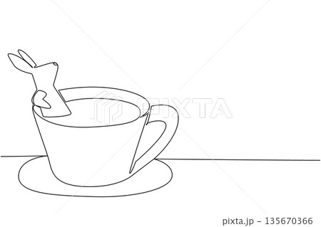 Continuous line drawing adorable rabbit shows cute animal soaking in coffee cup for nature concept. Unique design features the bunny for an international coffee day theme in minimalist Continuous line drawing adorable rabbit shows cute animal soaking in coffee cup for nature concept. Unique design features the bunny for an international coffee day theme in minimalist 135670366