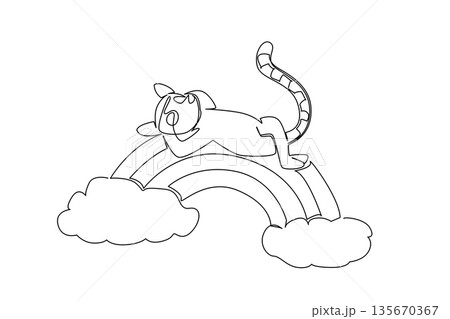 Single line drawing of cute playful lemur sleeping supine on a rainbow with cloud, long striped tail curled. Adorable primate artwork for zoo poster, Madagascar animal set, and kids stationery 135670367