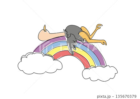 Continuous line draw of tall compact ostrich, with feathery body and long sandy neck, lies in supine sleep. Gentle slumber on colorful rainbow, embrace by soft white clouds below in vast savanna sky Continuous line draw of tall compact ostrich, with feathery body and long sandy neck, lies in supine sleep. Gentle slumber on colorful rainbow, embrace by soft white clouds below in vast savanna sky 135670379