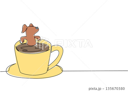 Single line drawing of lovely adorable animal shows brown dog soaking in coffee cup for nature concept. Colorful art is perfect for an international coffee day theme with an charming pet mammal Single line drawing of lovely adorable animal shows brown dog soaking in coffee cup for nature concept. Colorful art is perfect for an international coffee day theme with an charming pet mammal 135670380