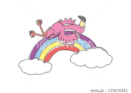 Single line draw of vibrant pink flamingo, with its long, slender legs and delicate feathers, gracefully drapes itself in supine sleep. It finds rainbow arch floats amidst fluffy, sun kissed clouds 135670381