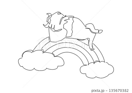 Continuous line drawing of sturdy American bison sleeping supine on a rainbow. Nature concept design captures a plains theme for National Bison Day. Minimalist art for conservation park souvenir 135670382