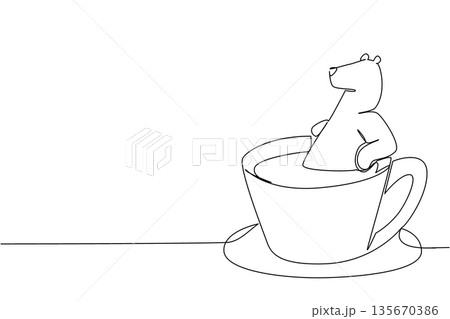 Continuous line drawing of polar bear shows cute animal soaking in coffee cup for nature concept. Unique design features the arctic creature for an international polar bear day theme and cafe logo Continuous line drawing of polar bear shows cute animal soaking in coffee cup for nature concept. Unique design features the arctic creature for an international polar bear day theme and cafe logo 135670386