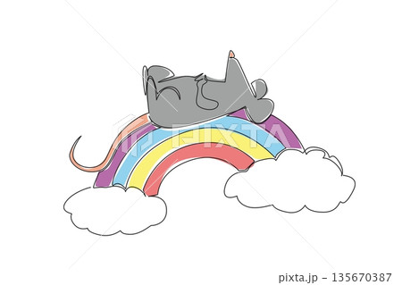 Continuous line draw of delicate little mouse, its long tail is sprawled out in supine position, napping on vivid rainbow arc. Whiskers twitch as it dream, floating high above the soft, dreamy clouds 135670387