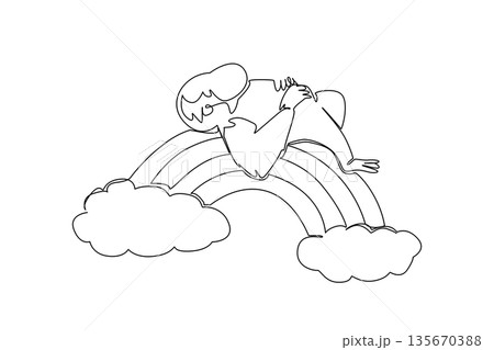 Single line drawing of cute shaggy bornean orangutan sleeping supine on rainbow. Nature concept rainforest theme for International Orangutan Day. Cute design for threatened species campaign 135670388