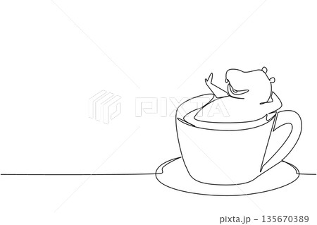 Single line drawing of adored hippopotamus for beverage concept shows cute water animal soaking in coffee cup. Simple hippo sketch fits international wildlife day theme with the large river mammal 135670389