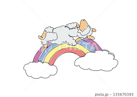 One line drawing of fluffy cute alpaca, soft wool appearing as the clouds it rests upon, is in deep supine sleep. Lies comfortably across vibrant rainbow arc, looking like living marshmallow One line drawing of fluffy cute alpaca, soft wool appearing as the clouds it rests upon, is in deep supine sleep. Lies comfortably across vibrant rainbow arc, looking like living marshmallow 135670393