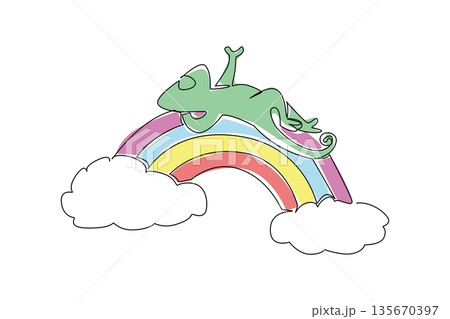 Continuous line drawing of colorful chameleon, its skin displaying soft pastel, lies playfully in supine position. Artistic design merges exotic wildlife charm with the magic of a technicolor dream 135670397