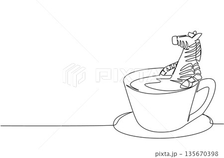 Single line drawing playful zebra shows cute safari animal soaking in coffee cup for nature concept. Unique design features the striped wild Africa creature for an international cafe day theme 135670398