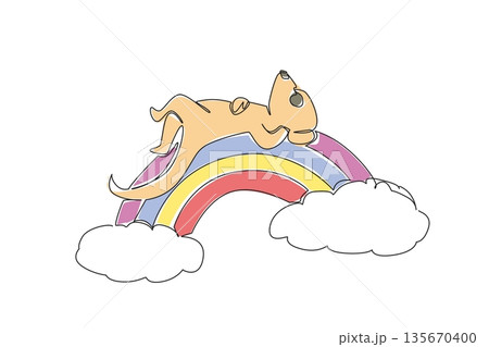 Single line drawing of cute meerkat animal sleeping belly up on a rainbow with clouds. Nature concept, International Day of Happiness theme, cute nursery art and kids wall decor illustration 135670400