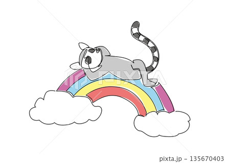 Single line drawing of playful lemur, with its distinctive long, striped tail gracefully flowing in supine position, happily napping on vivid rainbow arc. Cute nursery art and kids poster illustration 135670403