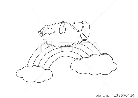 One line drawing of charming illustration of a fluffy baby sheep lying on its back in a relaxed supine position atop a rainbow arc. Nature concept farm theme for World Farm Animals Day 135670414