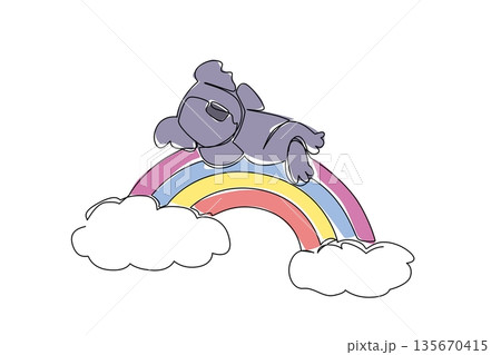 Continuous line drawing of playful adorable koala animal sleeping supine on rainbow with white soft fluffy clouds, nature concept. International Day of Happiness theme, cute nursery art illustration 135670415