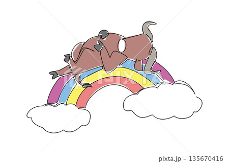 One line drawing of graceful adorable buffalo sleeping supine on a rainbow with clouds, sturdy body and curved horns in calm, cute pose. Ideal for safari branding, wildlife sets, and kids posters 135670416
