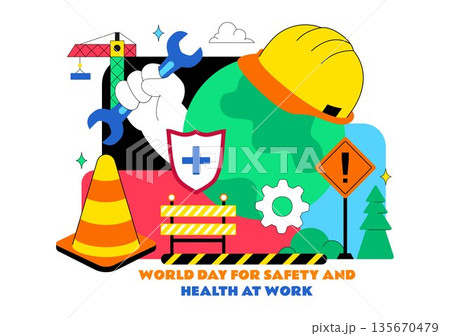 World Day For Safety And Health At Work Vector Illustration April 28 Featuring Mechanic Tools Construction Helmet Flat Cartoon Background 135670479
