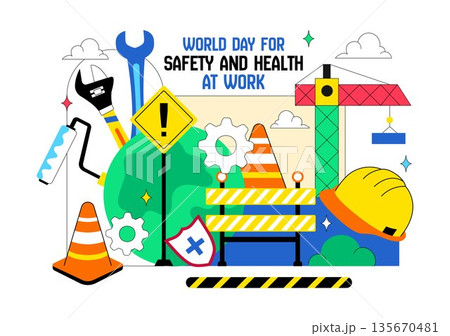 World Day For Safety And Health At Work Vector Illustration April 28 Featuring Mechanic Tools Construction Helmet Flat Cartoon Background World Day For Safety And Health At Work Vector Illustration April 28 Featuring Mechanic Tools Construction Helmet Flat Cartoon Background 135670481
