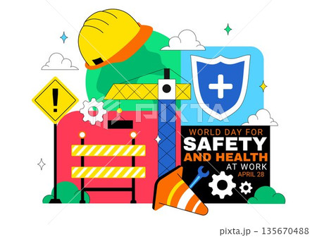 World Day For Safety And Health At Work Vector Illustration April 28 Featuring Mechanic Tools Construction Helmet Flat Cartoon Background 135670488