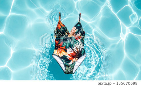 A beautiful woman enjoys a relaxing summer vacation while swimming in the crystal blue water of a tropical resort pool surrounded by nature A beautiful woman enjoys a relaxing summer vacation while swimming in the crystal blue water of a tropical resort pool surrounded by nature 135670699