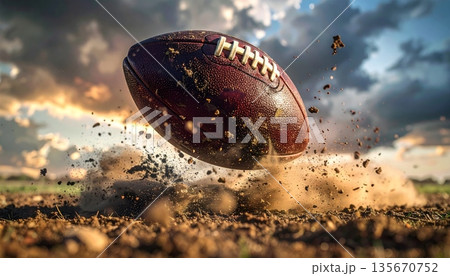 A brown leather pigskin american football ball sits on green grass as a vector illustration icon for sports game equipment and team competition design A brown leather pigskin american football ball sits on green grass as a vector illustration icon for sports game equipment and team competition design 135670752