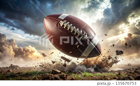 A brown leather pigskin american football ball sits on green grass as a vector illustration icon for sports game equipment and team competition design A brown leather pigskin american football ball sits on green grass as a vector illustration icon for sports game equipment and team competition design 135670753