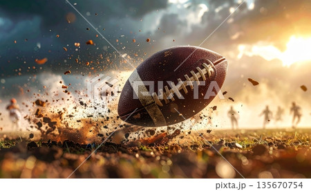 A brown leather pigskin american football ball sits on green grass as a vector illustration icon for sports game equipment and team competition design A brown leather pigskin american football ball sits on green grass as a vector illustration icon for sports game equipment and team competition design 135670754