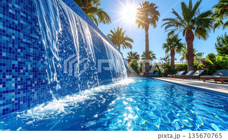 Relax in the luxury blue water of a tropical resort swimming pool surrounded by palm trees and a summer sky for the ultimate travel vacation 135670765