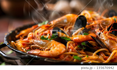 湯気立ちのぼる海鮮パスタのクローズアップ 湯気立ちのぼる海鮮パスタのクローズアップ 135670942