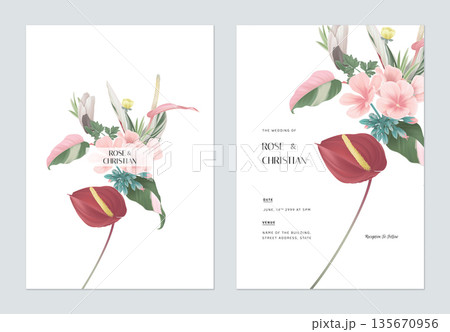 Floral wedding invitation card template design, various types of flowers and leaves bouquet Floral wedding invitation card template design, various types of flowers and leaves bouquet 135670956