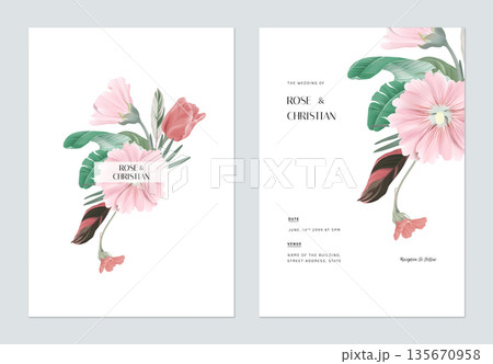 Floral wedding invitation card template design, various types of flowers and leaves bouquet 135670958
