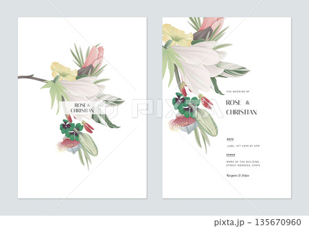 Floral wedding invitation card template design, various types of flowers and leaves bouquet 135670960