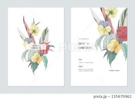 Floral wedding invitation card template design, various types of flowers and leaves bouquet 135670962