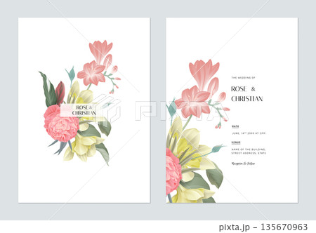 Floral wedding invitation card template design, various types of flowers and leaves bouquet Floral wedding invitation card template design, various types of flowers and leaves bouquet 135670963