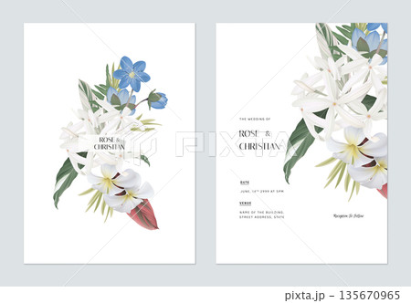 Floral wedding invitation card template design, various types of flowers and leaves bouquet Floral wedding invitation card template design, various types of flowers and leaves bouquet 135670965