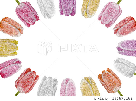 【カラフルチューリップフレーム】手刺繍イラスト素材 135671162