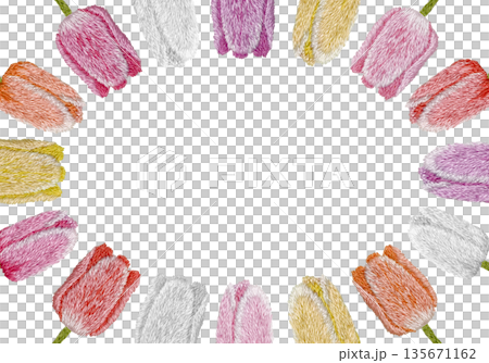 【カラフルチューリップフレーム】手刺繍イラスト素材 135671162